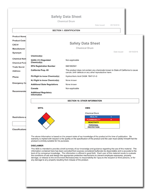 Safety Data Sheet (SDS) example generated by DEACOM ERP software